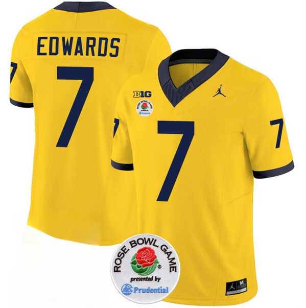Men's Michigan Wolverines #7 Donovan Edwards 2023 F.U.S.E. Yellow Rose Bowl Patch Stitched Jersey Dzhi